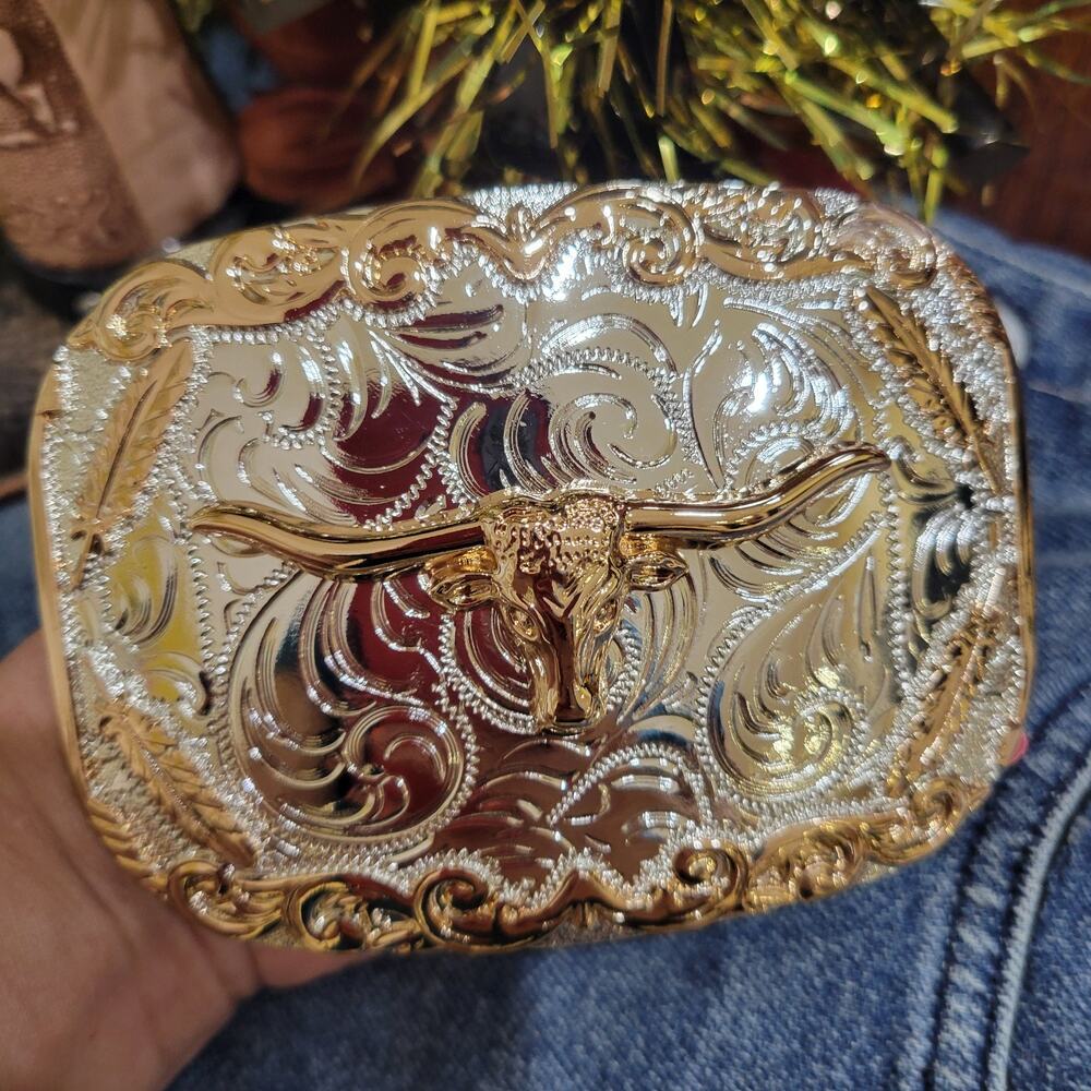 Longhorn Cowboy Belt Buckle Western HebillaSilver & Rosetone 4x3.5 Inch